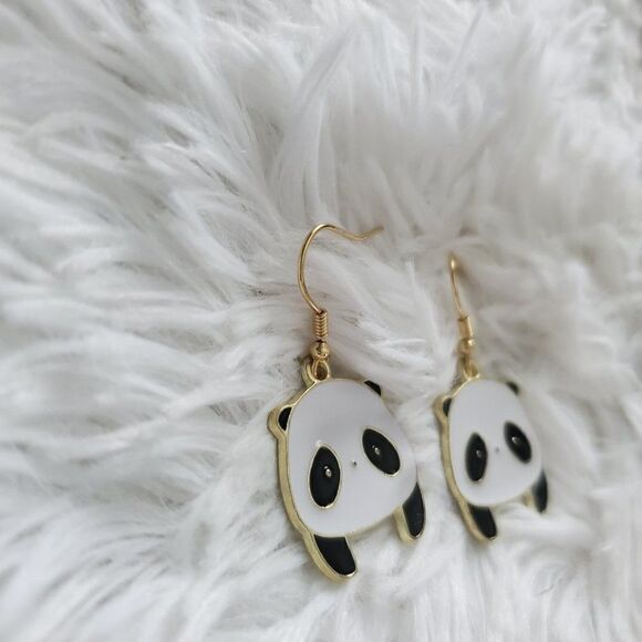 Gold Panda Face Earrings, Wildlife Jewelry - Picture 4 of 7